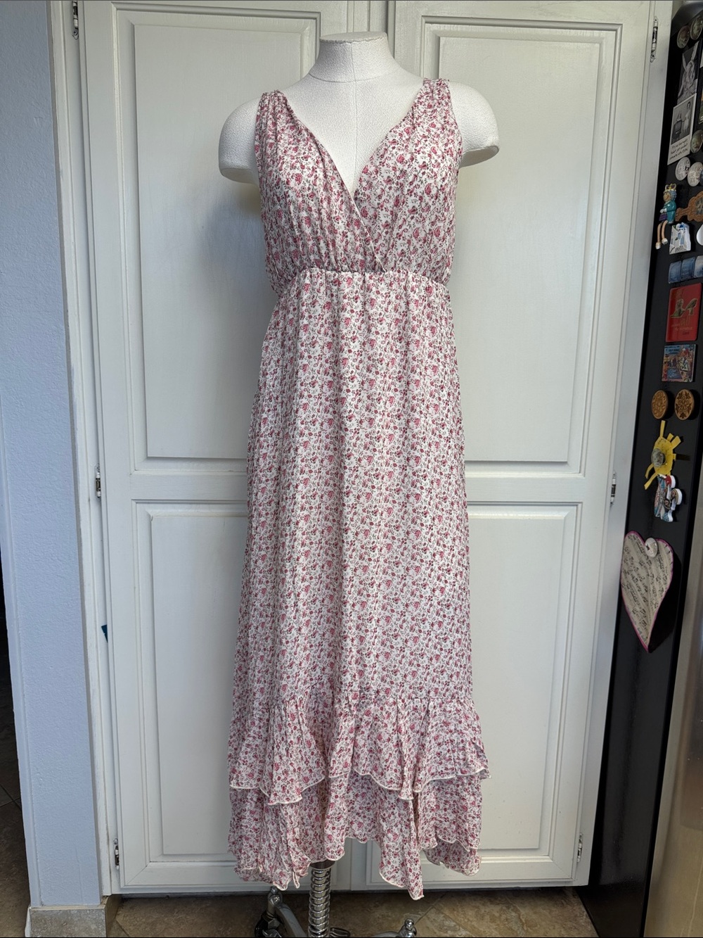 Pink Floral V-Neck Ruffle-Hem High Low Maxi Dress
